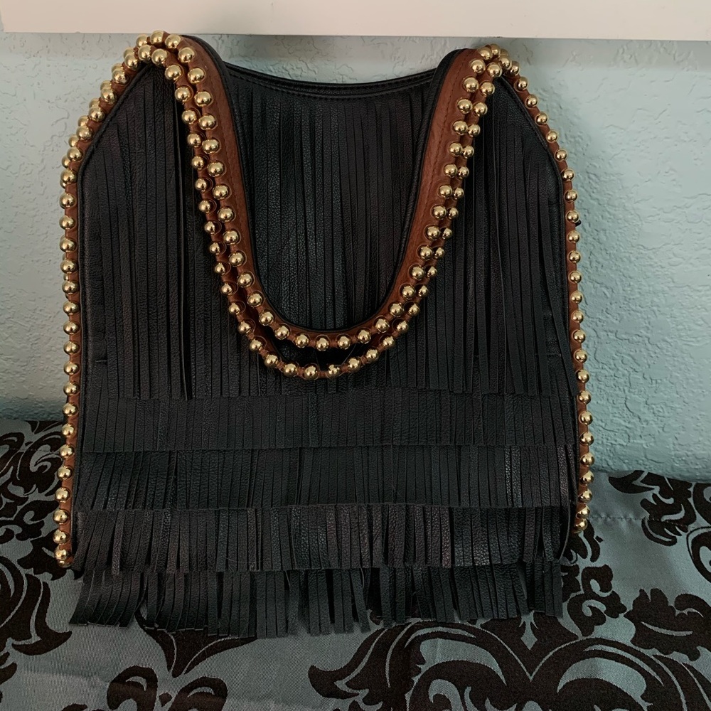 Beautiful Big Buddha “Gwen” Fringe Hobo Bag, Black